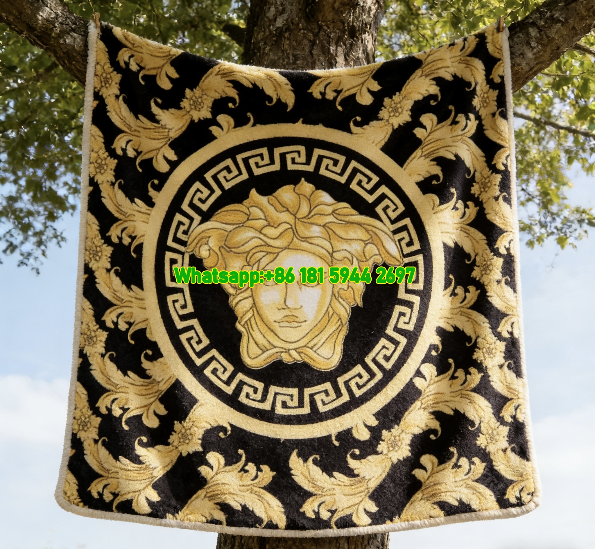 Versace Black Gold Medusa Head Baroque Print Flannel Sofa Throw Blanket IMG_1660